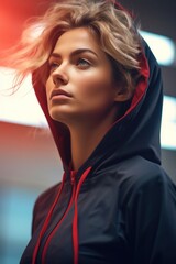 Fashionable street portrait of beautiful stylish girl model in sportswear with windbreaker and hoodie posing on the street