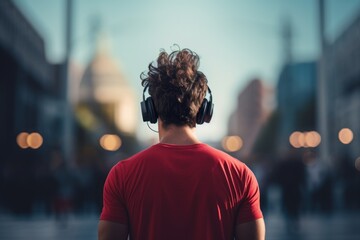 A young American guy with headphones on his head, enjoying the music, looking out into the street, visible behind him