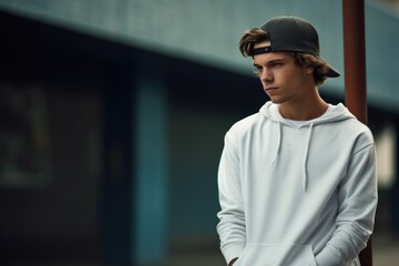 A teenager in a white hoodie and cap shoots for a street fashion studio