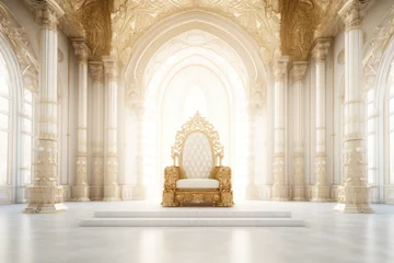Deurstickers Chinese Muur Luxurious chic interior of a great hall in an imperial, royal palace. throne in the center of the hall. very white, full of daylight. high ceiling and walls decorated with gold and moldings