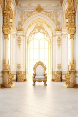 Fotobehang Chinese Muur Luxurious chic interior of a great hall in an imperial, royal palace. throne in the center of the hall. very white, full of daylight. high ceiling and walls decorated with gold and moldings
