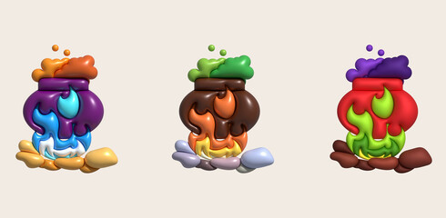 3D illustration. Witch cauldron with bubbles on fire and stone for halloween