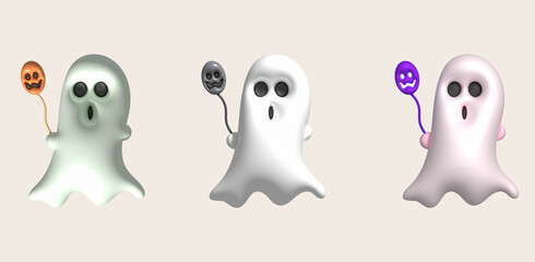 Obraz premium 3d illustration. A cute little ghost on Halloween and holding balloons with a scary face.