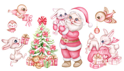 Set of watercolor cute cartoon Christmas characters, Funny Santa Claus hugs baby rabbit, Christmas tree, bunny and bird with gifts, hares take gifts out of santa's bag. Hand drawn illustrations