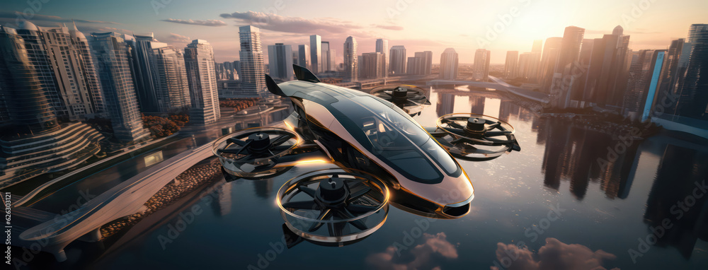 Wall mural futuristic manned roto passenger drone flying in the sky over modern city for future air transportat - Wall murals