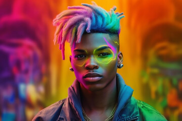 A man with colorful hair and a rainbow flag background.
