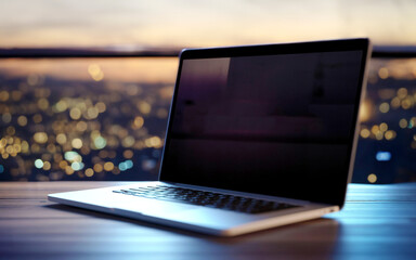 Laptop computer mockup with empty screen on monitor. Notebook in work interior mock up template. AI Generative