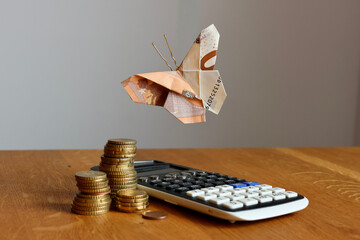 Geld Schmetterling aus Geldschein fliegt über Euro Geldstapel und Taschenrechner. Geld Einnahmen, Haushaltskasse, Finanzen, Steuererklärung, Rechnung, Gehalt bezahlen, Aktien, Gewinn