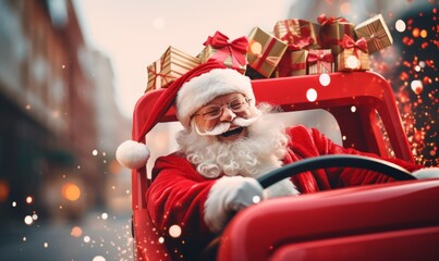 Speed driving santa claus going to deliver christmas present in rush - obrazy, fototapety, plakaty