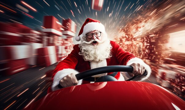 Speed driving santa claus going to deliver christmas present in rush