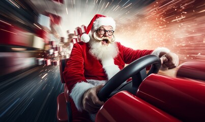 Speed driving santa claus going to deliver christmas present in rush