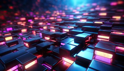 Obraz premium Colorful grid geometric neon light background. cyber wallpaper. Technology. Generative AI