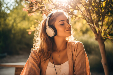 Blissful young woman with headphones enjoying music or a podcast in the park or forest, embodying relaxation, happiness and leisure activity