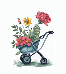 Watercolor blooming metal rustic wheelbarrow with peony flowers and bud, eucalyptus leaves. Spring decor composition for Mother day arrangement card, Farmhouse rustic garden illustration