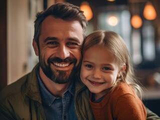 Happy father's day. Father and daughter smiling happily. Generative AI