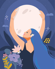 Celestial Moon Goddess in her garden reaching for the stars. Full moon, clouds, flowers, garden. Night scene. Woman with flowing hair. Inspirational.