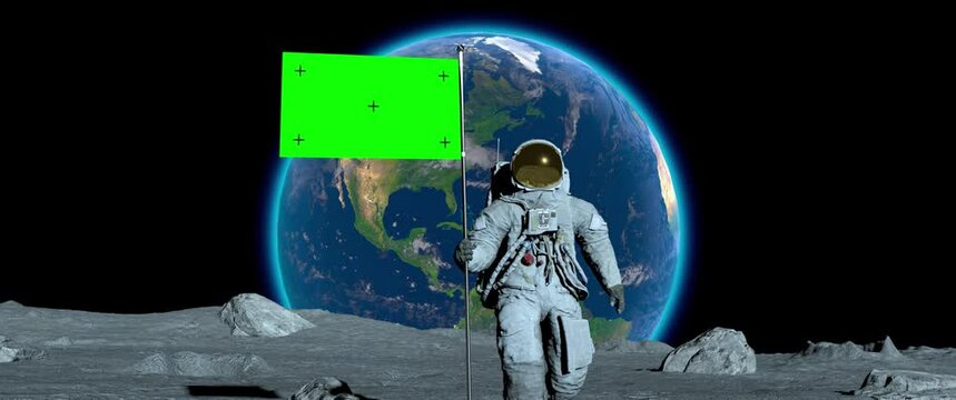 Lunar astronaut walks on the moon with green screen flag, placing a flag pole on the Moon surface, and salutes. You can track and add your flag with your logo.