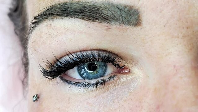 Close up of eye with eyelash extensions ,beauty salon treatment ,2d volume, 3d volume, classical lashes,Russian volume,megavolume, new set