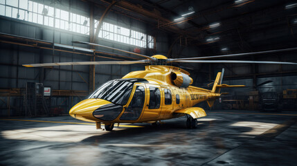 Passenger helicopter in hangar. Rotorcraft and aircrafts under maintenance. Checking mechanical systems for flight operations - obrazy, fototapety, plakaty