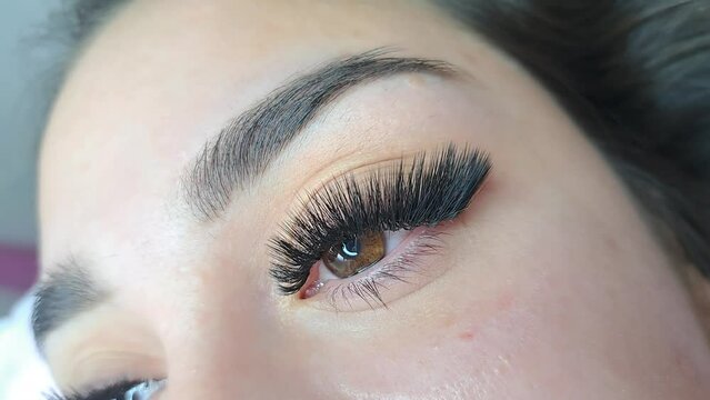Close up of eye with eyelash extensions ,beauty salon treatment ,2d volume, 3d volume, classical lashes,Russian volume,megavolume, new set