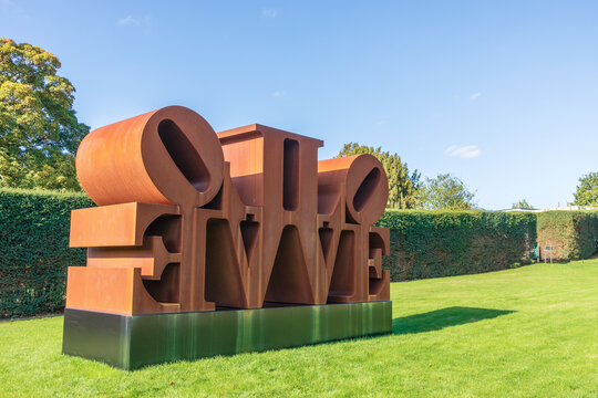LOVE WALL, 1966-2006 sculpture by American artist Robert Indiana, as displayed at the YSP near Wakefield, UK.