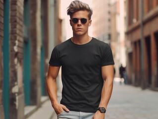 Realistic t - shirt mockup featuring a model wearing it, showcasing how the design looks when worn. Generative AI