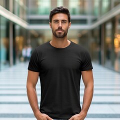 Fototapeta premium Realistic t - shirt mockup featuring a model wearing it, showcasing how the design looks when worn. Generative AI