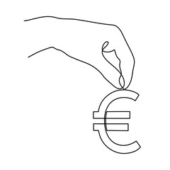 Hand holds euro sign,one line art,continuous contour drawing, hand-drawn line icon for business,minimalist design.Financial valuta sign,currency trendy template.Editable stroke.Isolated.Vector