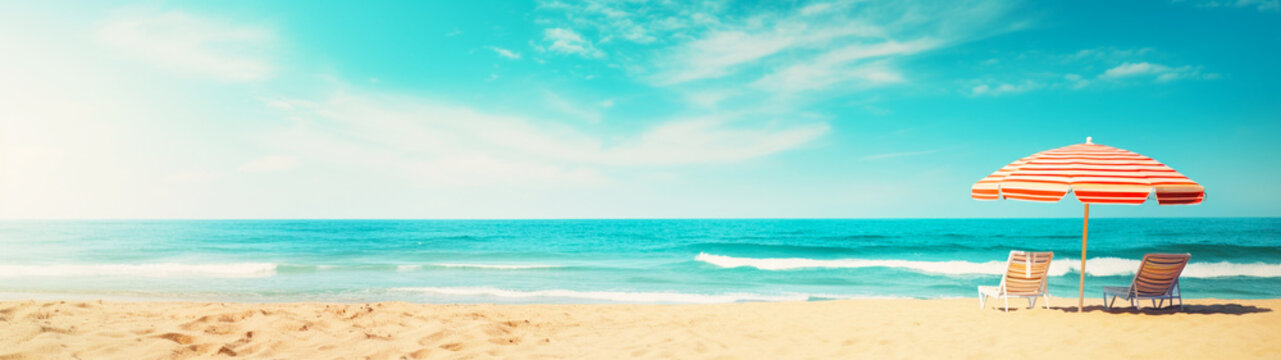 Banner with beach background and blue ocean. Vacation concept. Generative AI