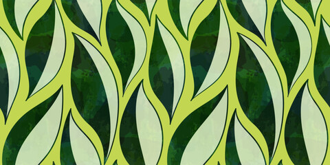 Green leaves seamless vector pattern. Watercolor tea leaf background, textured jungle print