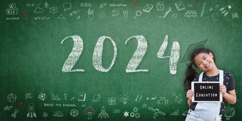 2024 online class, new school year academic calendar with student girl kid with e-learning digital...