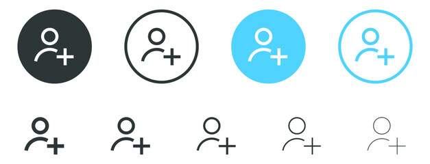 Naklejka premium add user icon. new user icon with plus symbol - create new account icon button - Person user profile avatar icon - invite or add friends icon. vector web app ui icons set