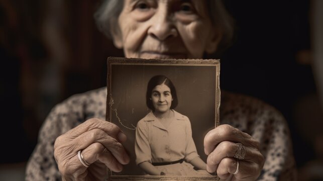 Elderly Woman, Holocaust survivor, showing a picture photo of her, as young. Made with AI Generative 