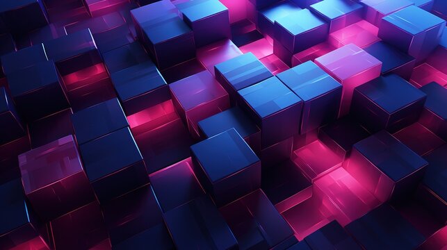 Fototapeta Digital cubes blocks with blue and magenta neon glowing on dark background futuristic 3d abstract illustration geometric shapes, cyberspace technology concept business web design Generative AI