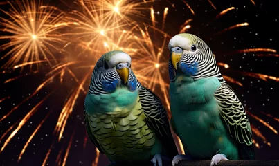 Zelfklevend Fotobehang two parrots and fireworks.  © Ilona