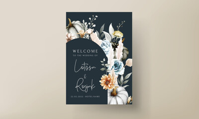 Vintage wedding invitation with beautiful flower and pumpkin