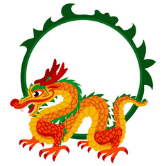 A vivid concept of a Japanese fantasy festival dragon with a frame. Cartoon dragon in juicy colors for a holiday on a white background. Asian dragon. Oriental theme of the holiday