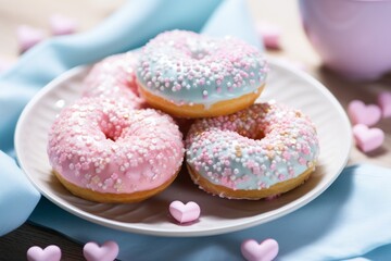 Illustration of a colourful assortment of heart shaped iced and sprinkled doughnuts up close created with Generative AI technology
