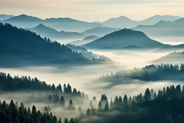 Poster Mistig bos Misty Mountain Landscape. Stunning Foggy Forest Hill Travel Nature Scenery. Generative AI