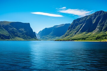 Naklejka na ściany i meble Breath-taking Landscape of Gros Morne National Park. Majestic Mountains and Serene Lake with Blissful Sky and Blue Water Surrounding Nature. Generative AI