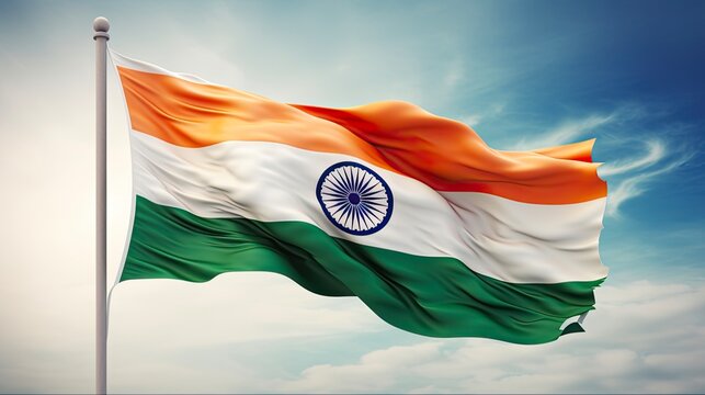 Flying High: 3D Illustration of the Indian Flag Waving in the Wind, Proudly Representing the Nation and Country. Generative AI