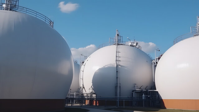white spherical tanks for storing hydrogen gas at outdoor storage facility, neural network generated image