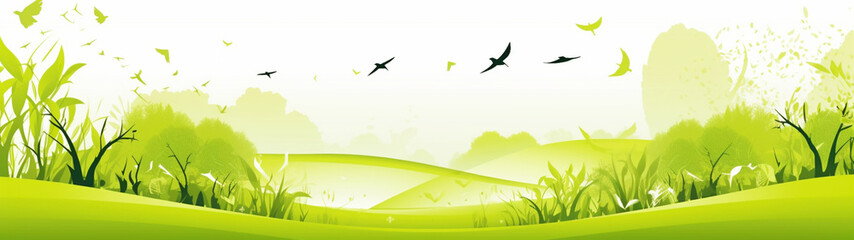 Banner with green natural background, border, postcard, card. Plants and leaves, organic texture. Copy space. Generative AI