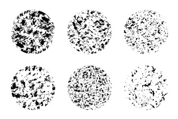 Grunge distressed ink textures set overlay. Abstract round messy blobs and spatters. Stain and drops circles with vintage effect. Isolated. Vector illustration.