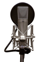 condenser microphone attached to shock mount isolated on white background with clipping path