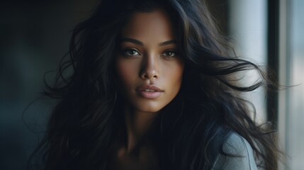 Naklejka premium Beautiful model woman with long hairstyle. Care and beauty hair products