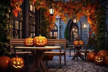 Obraz premium Halloween cafe interior design with pumpkin. Generative AI