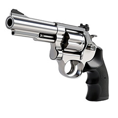 A silver revolver with a black barrel on a white background