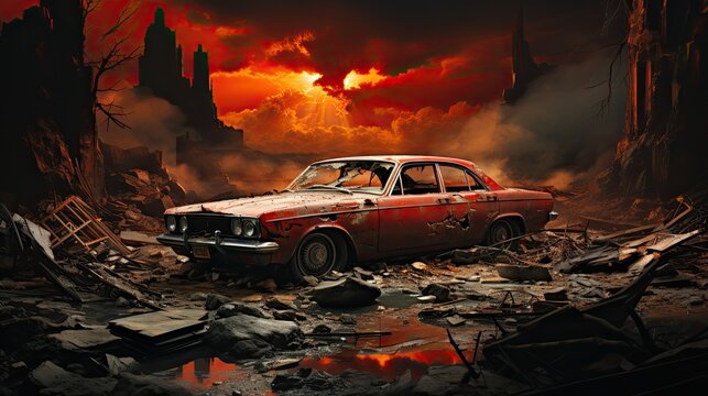 Car with the effect of destruction and explosion generated by AI