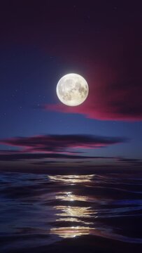 Full moon over the ocean at night. Stylized looped animation. Vertical video.